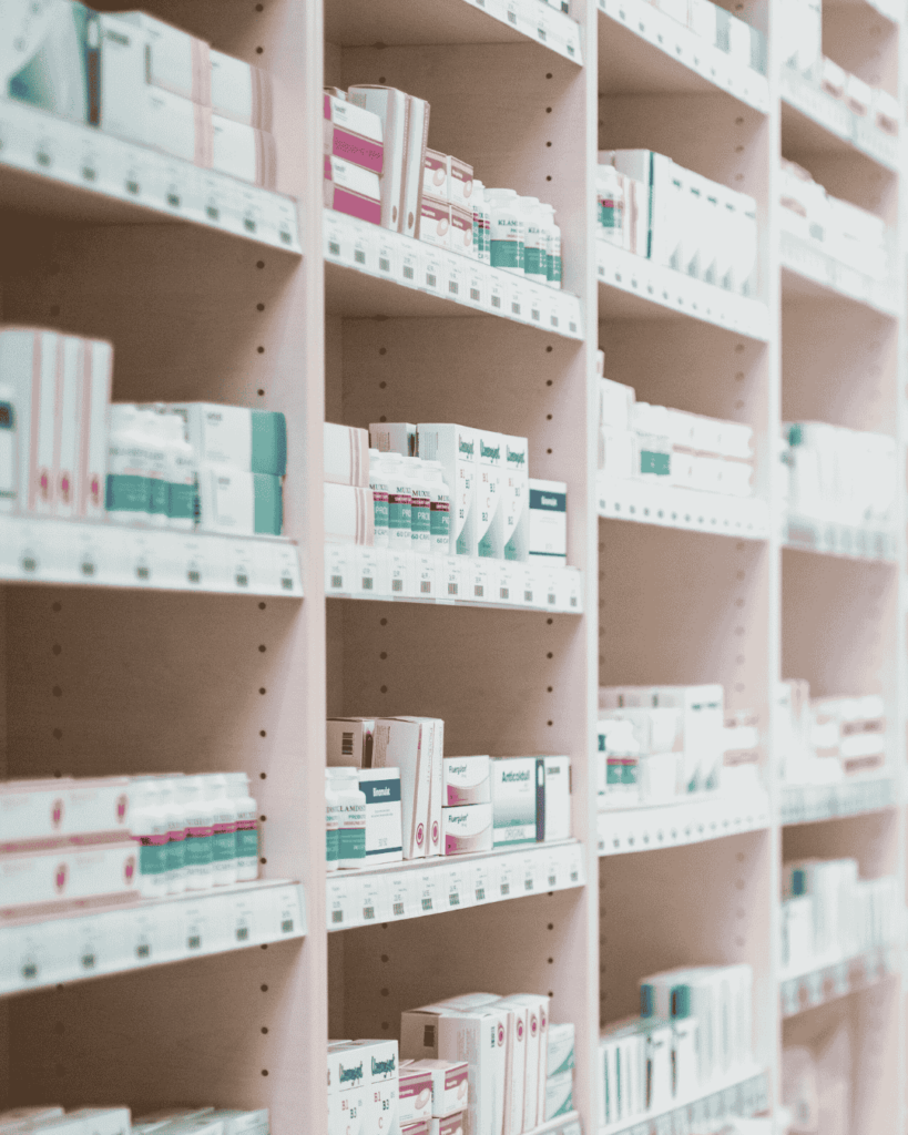 Medicines on a shelf illustrating pharma labelling