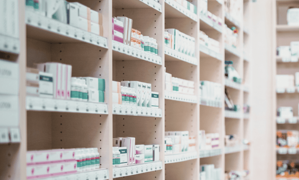 Medicines on shelf with pharma labelling