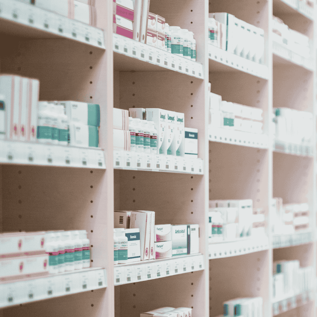 Medicines on a shelf illustrating pharma labelling